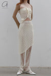 Un Morceau elastic lace oblique blooming half skirt UM231XZ11 light yellow PUM40